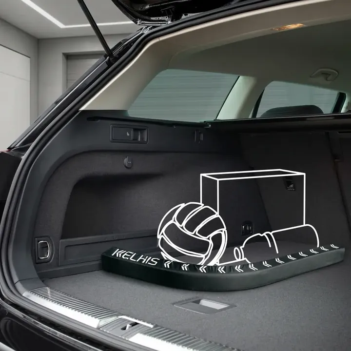FlexiStick bent into an L shape to hold cargo on the felt floor of an open car trunk